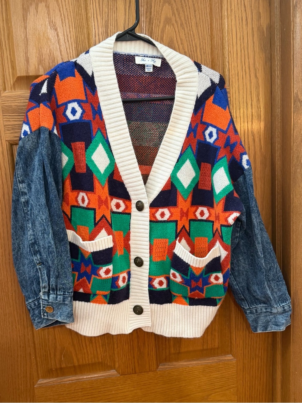 SHE + SKY Aztec Knit Fall Cardigan with Denim Sleeves One Size